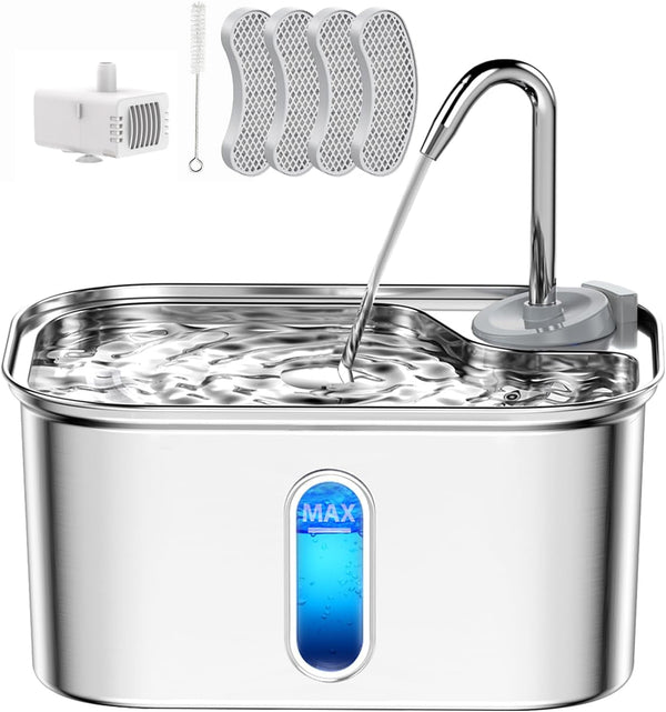 Cat Water Fountain Stainless Steel for Cats Indoor 2.5L 85Oz by Bpa-Free SUS304, Effective 6-Layer Filter Cat Fountain for Drinking 20Db Ultra Quiet Metal Pet Water Fountain (Fountain+1 Filter)12