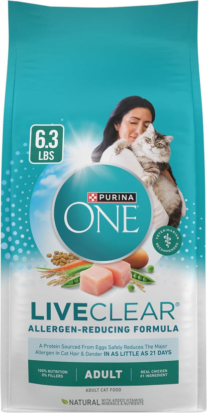 Purina ONE Liveclear Allergen-Reducing Cat Food Dry Formula with Real Chicken as the Number One Ingredient - 6.3 Lb. Bag | Real Chicken Is the #1 Ingredient, Reduces Allergens in Cat Hair and Dander by 47%, Includes DHA for Cat Vision Support1