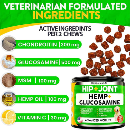 Hemp Hip and Joint Supplement for Dogs - Glucosamine for Dogs - 170 Dog Joint Pain Relief Treats - Chondroitin, Hemp Oil, MSM - Mobility & Flexibility Support - Advanced Care Health - Made in USA3