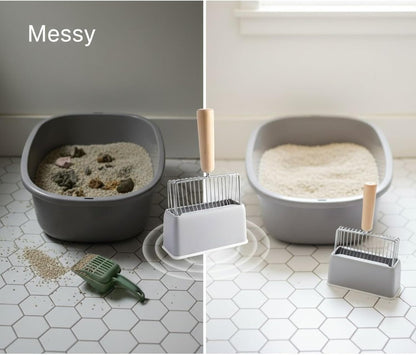 11 in Long Handle Cat Litter Scoop Set, Gray Metal, Rustproof 6.7 in Wide Sifter with Wooden Grip, Included Abs Base & Holder Stand5