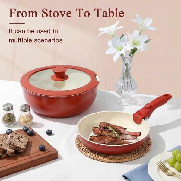 11PCS Ceramic Pots and Pans Set Non Stick, Nonstick Cookware Set Detachable Handle, Red Black Gradien Pots and Pans Induction Kitchen Cooking Sets, RV Cookware Sets for All Stoves9