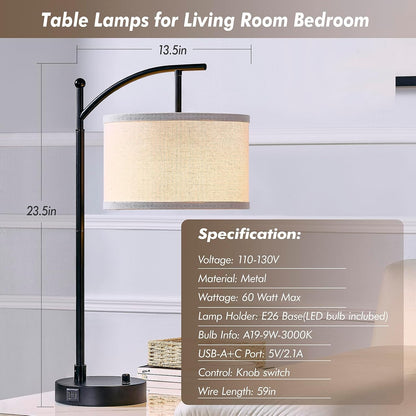 Table Lamp Set of 2, 23.5" Bedside Lamps with USB C+A Ports, Black | Table Lamps for Living Room, Bedroom, Bedside Lamps for Nightstand with Linen Lamp Shades, 2 Dimmable LED Bulbs Included2