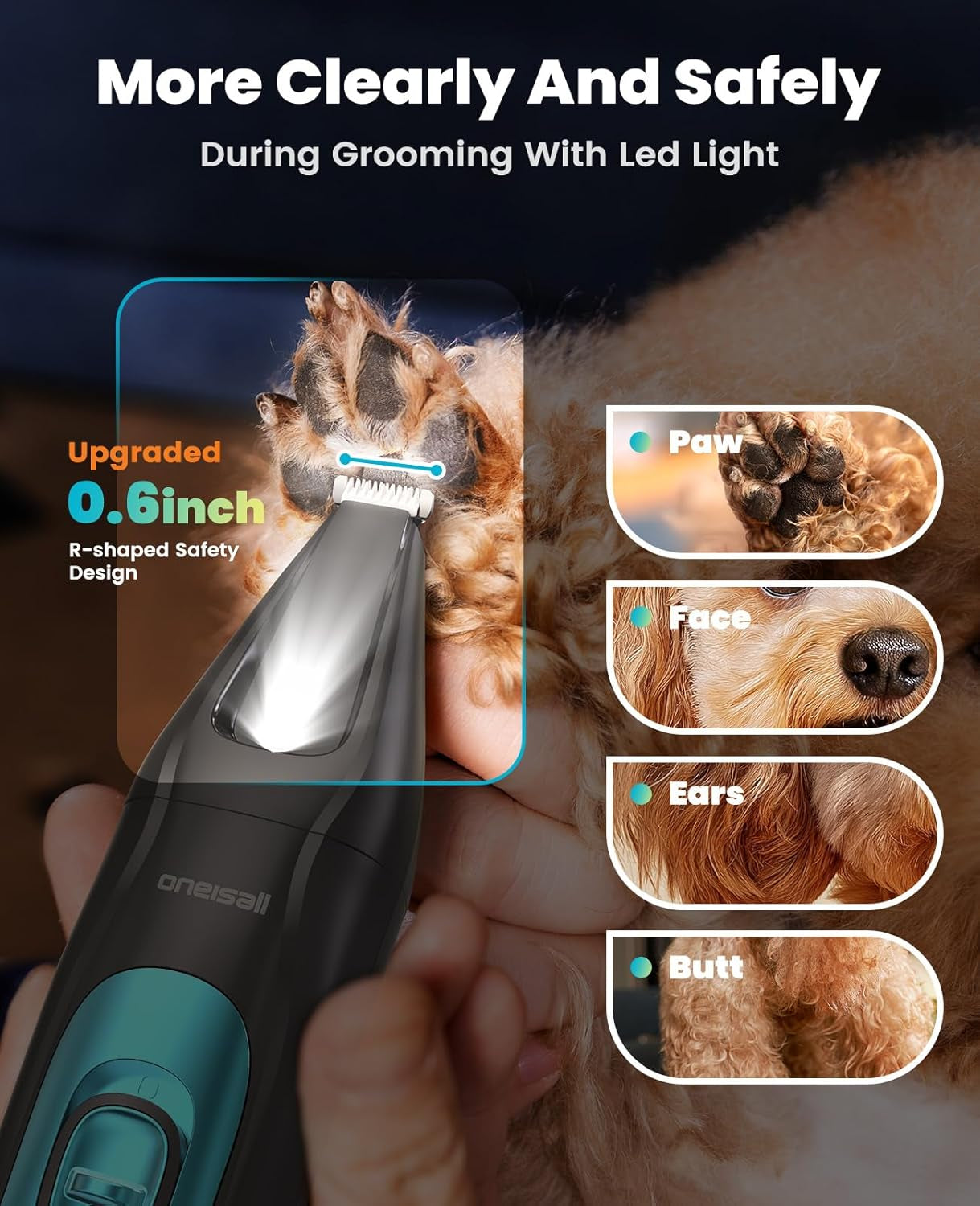 oneisall-professional-4-in-1-dog-grooming-kit-with-led-light-quiet-clippers-nail-grinder-cordless-3-7-hrs-runtime-led-display-safe-for-paws-face-ears-body