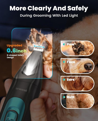 Oneisall Professional 4-In-1 Dog Grooming Kit with LED Light | Quiet Clippers & Nail Grinder, Cordless, 3.7 Hrs Runtime, LED Display, Safe for Paws, Face, Ears & Body4