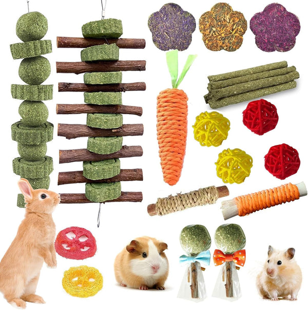 WDEFUN 21PCS Rabbit Chew Toys for Teeth Grinding, Natural Timothy Hay Cakes Treats for Bunny, Organic Apple Wood Sticks Toy Set for Guinea Pigs, Hamsters, Chinchillas,Dental Health & Boredom Relief1