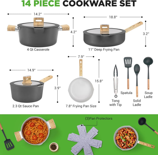 14 Pc Ceramic Cookware Set, Pots and Pans Set Non Stick, Black | Induction Safe, Cool-Touch Handles, Even Heat, Non-Stick Pans and Pots, Dishwasher Safe, Includes Spatula, Ladle, Tong8