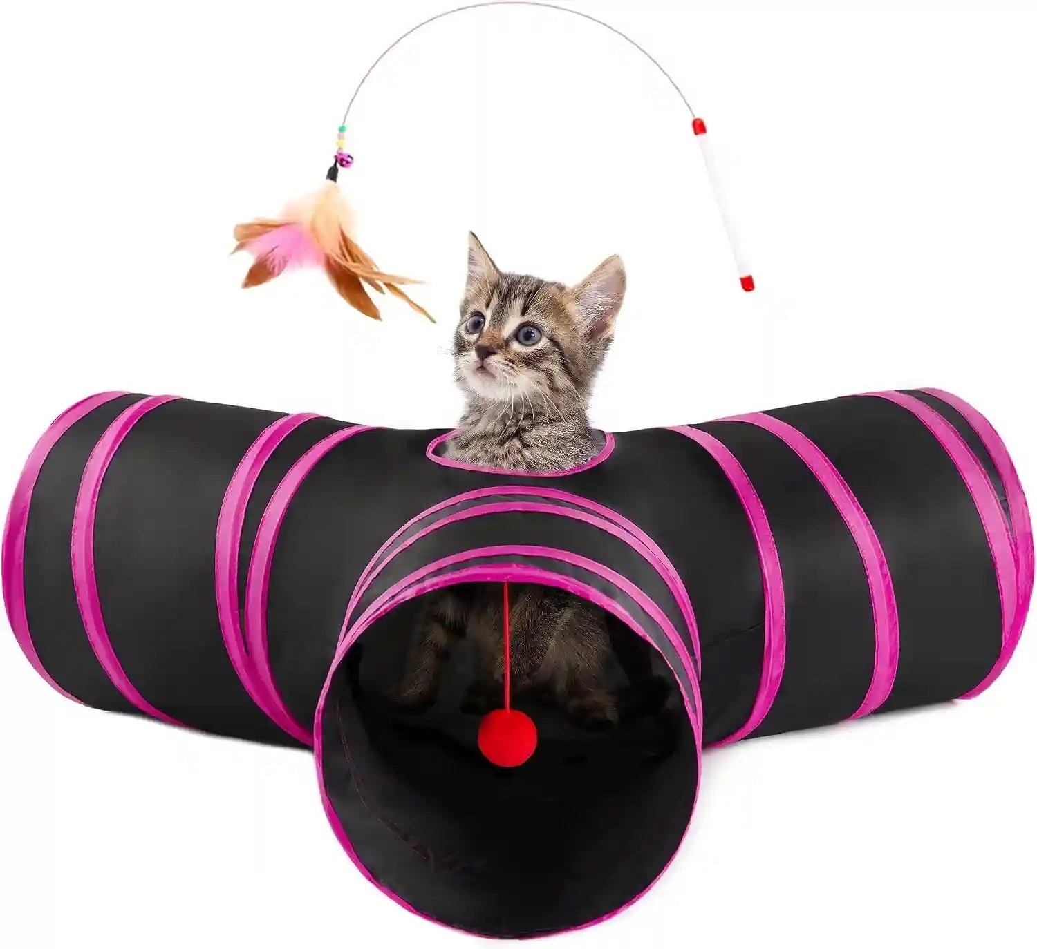 love-s-cabin-cat-tunnel-for-indoor-cats-3-way-collapsible-play-tunnel-with-teaser-wand-peek-holes-toy-ball-small-pet-toy-for-kittens-rabbits-black-blue-small-size