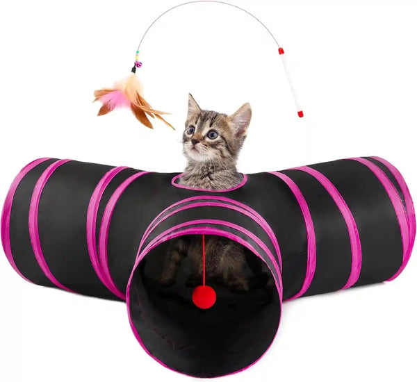 Love’S Cabin Cat Tunnel for Indoor Cats, 3-Way Collapsible Play Tunnel with Teaser Wand, Peek Holes & Toy Ball, Small Pet Toy for Kittens & Rabbits, Black & Blue, Small Size18