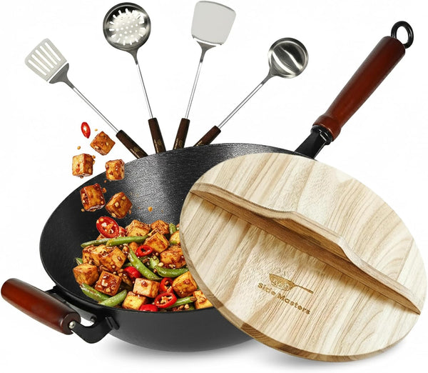 Pre-Seasoned Cast Iron Nonstick Stir-Fry Pan | Dual Handles & 4 Spatulas | Flat Bottom Wok with Wooden Lid & Wood Handle | Traditional Chinese Induction Wok (34Cm)1