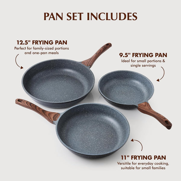 Nonstick Frying Pans, Grey(9.5+11+12.5 Inch) | Swiss Granite Coating, Free of PFOA&PFOS, Compatible with All Stoves Including Induction Cooktops, Easy to Clean4