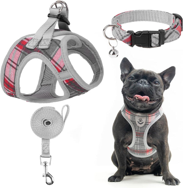 EXPAWLORER Plaid Small Dog Harness and Leash Set with Airtag Holder - No Pull Soft Padded Step in Dog Vest Harness Medium Sized Dog, Reflective Puppy Harness, Collar and Leash for Walking, Khaki S19