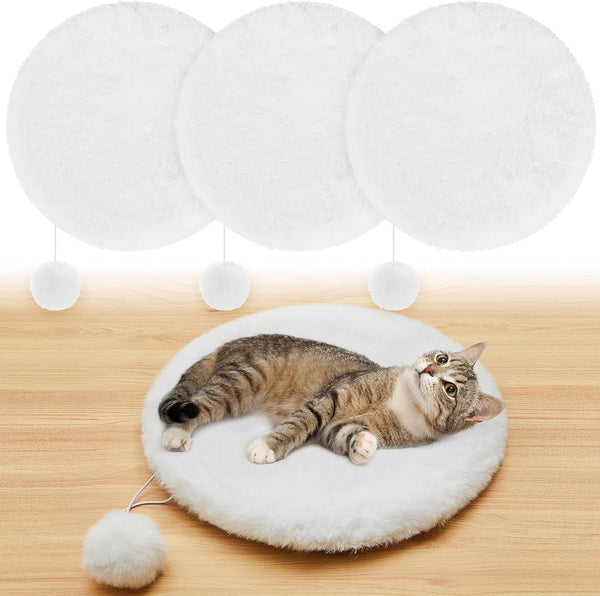 Abbylike 3 Pack 14" round Cat Dog Bed Cushion Pad Mat Faux Rabbit Fur Pet Sleeping Mat with Small Ball Warm Plush anti Slip Washable Cat Tree Tower Replacement Cushion Pad for Carrier Crate, White1