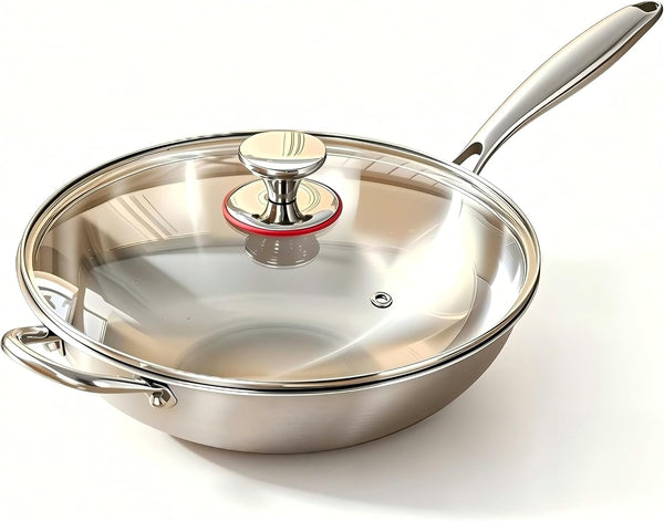 Stainless Steel 316 Wok with Glass Lid, Tri-Ply Large Cooking Surface, Oven Safe & Induction Compatible (12.5 Inch)1
