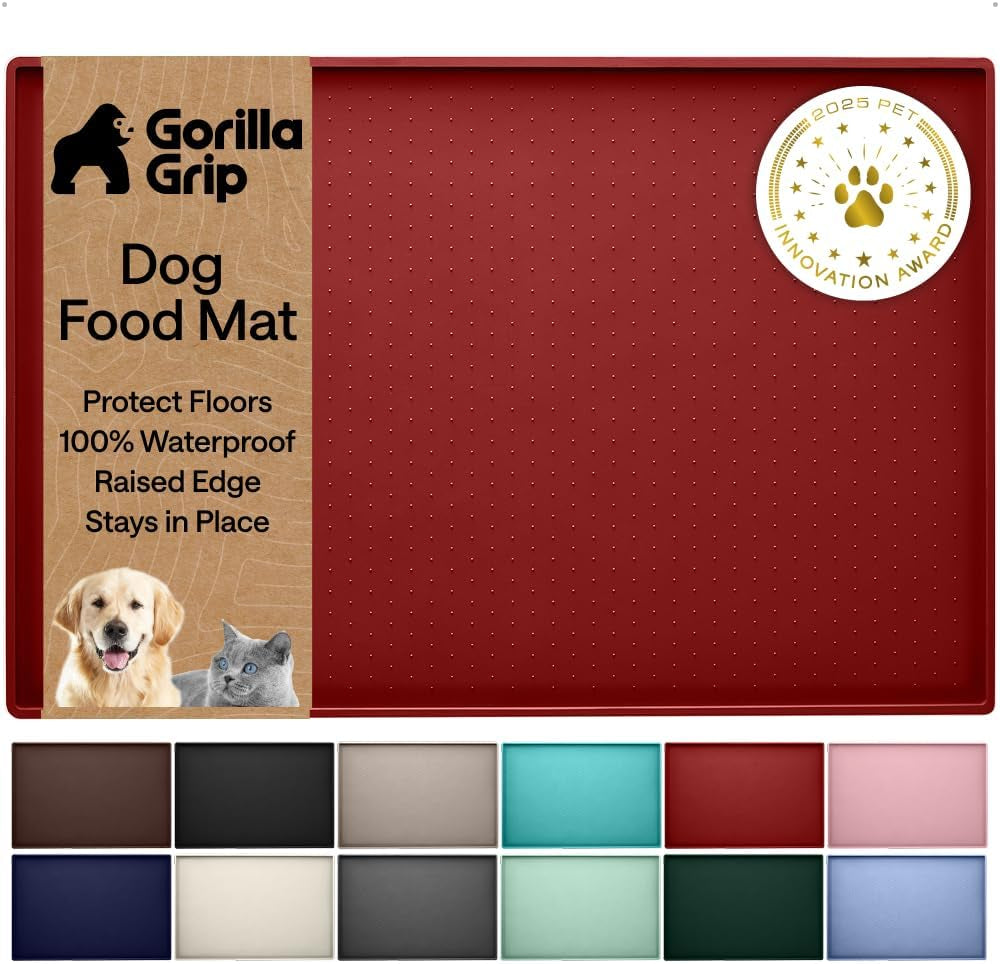 gorilla-grip-100-waterproof-raised-edge-bpa-free-silicone-pet-feeding-mat-dog-cat-food-mats-contain-spills-protects-floors-placemats-for-cats-and-dogs-water-bowl-18-5x11-5-gray