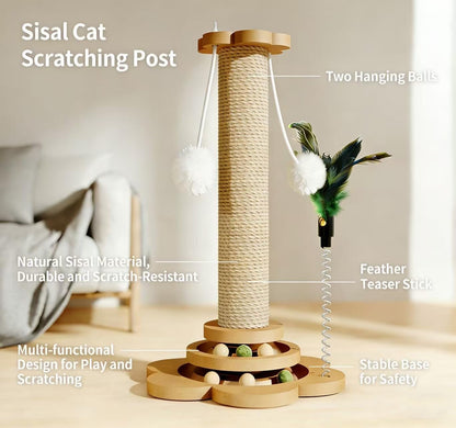 Cat Scratching Post, Cat Scratchers for Indoor Cats Natural Sisal Scratcher with 2-Level Trackball & 2 Hanging Balls, Sturdy Cat Scratching Post 4-In-1 Interactive Kitten Toy for Indoor Cats2