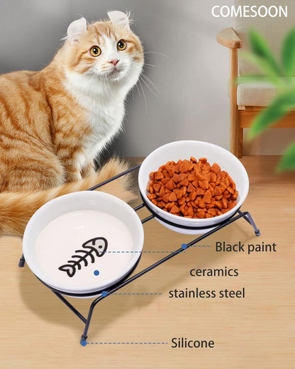 Anti-Vomiting Raised Cat Bowls - 2 × 13 Oz Ceramic Cat Food & Water Bowls with Non-Slip Stainless Steel Stand, Dishwasher Safe for Indoor Cats8