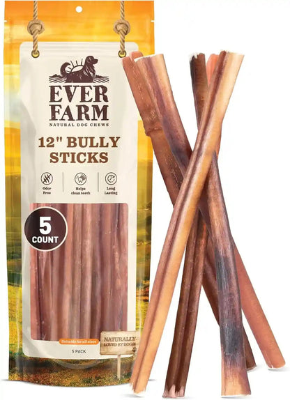 Pet Odor-Free Standard Bully Sticks (12", 5 Pack) – 100% Grass-Fed Beef Pizzle Dog Chews, Fully Digestible & Long-Lasting Dental Treats1