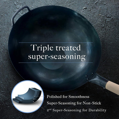 Pre Seasoned Blue Carbon Steel Flat Bottom Wok -14 Inch Chinese Pow Wok - Traditionally Hand Hammered Woks and Stir Fry Pans6