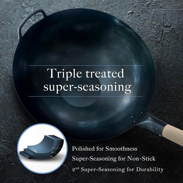 Pre Seasoned Blue Carbon Steel Flat Bottom Wok -14 Inch Chinese Pow Wok - Traditionally Hand Hammered Woks and Stir Fry Pans6