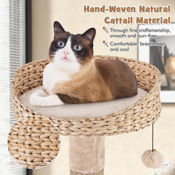 PETSITE 65-Inch Cattail Cat Tree Tower, Multi-Level Cat Tower with Natural Jute Scratching Posts, Cat Bed, Top Perch, Dangling Balls and Jumping Platforms, Modern Tall Cat Tree for Indoor Cats6