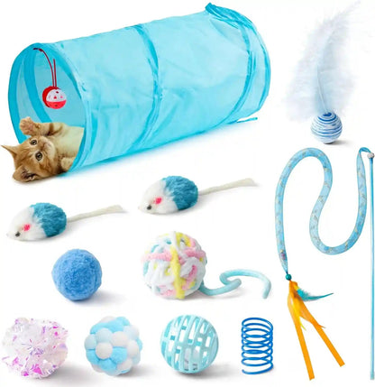 MALLMALL6 10Pcs Cat Toy Set Interactive Cat Toys Pack Including Feather Teaser Wand Cat Springs Mice Crinkle Balls and Pet Bell Balls, Puzzle Toys for Indoor Cats Gift (Pink)10