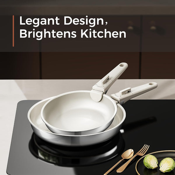 5PCS Pots and Pans Set Non Stick, Diamond-Titanium Ceramic Cookware Set & 3 Layer Stainless Steel with Detachable Handle, Induction Cookware, Non Toxic Oven/Dishwasher Safe, White13