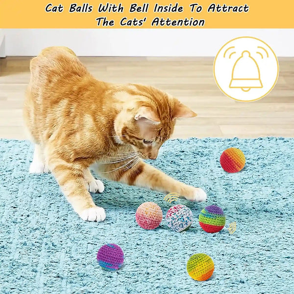 Retro Shaw Cat Toys Balls, Yarn Cat Ball with Bell Inside, Interactive Kitten Toys for Indoor Bored Cats, Handmade Crochet Kitty Ball 6 Pack3