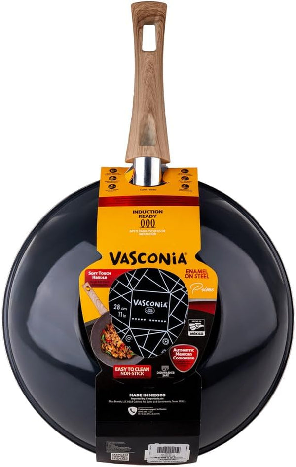 Nonstick Wok Pan 11 Inch Enamel Steel Gray | Induction Compatible, All Stovetop Ready, Even Heat Cooking, Wood-Look Handle, Lightweight Design, Easy Cleanup7