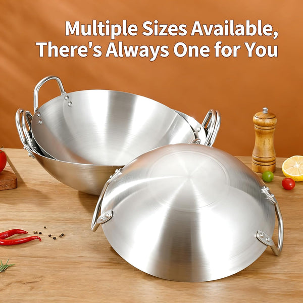 Stainless Steel Wok round Bottom Frying Pan Double Handle Heated Evenly Portable Cookware Traditional Tableware Cooking Pot Wok for Kitchen Outdoor,38Cm3