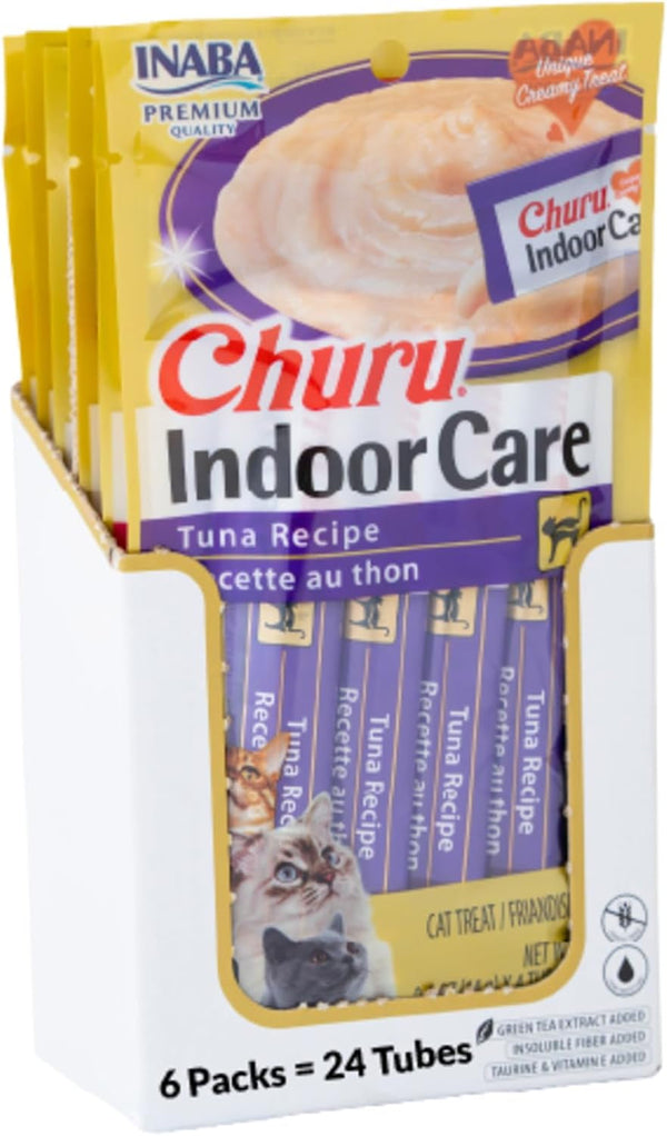 INABA Churu Indoor Care for Hairball Control, Functional Lickable Cat Treat with Taurine & Green Tea Extract, 0.5Oz Each, 24 Tubes Total, Tuna Recipe1