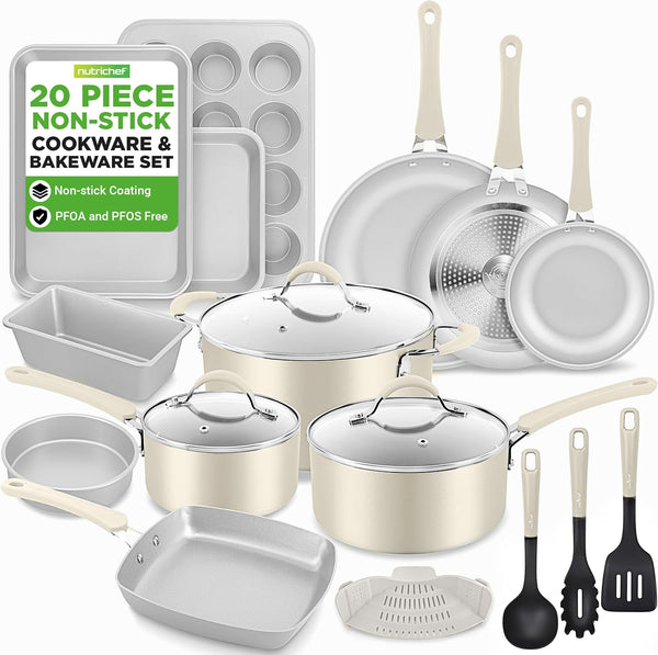 20 Pc Cookware Set Non Stick with Baking Pans, Pots and Pans | Complete Cookware Set Includes Fry Pans, Sauce Pots, Utensils, Cool Touch Handles, Induction Ready, PFOA & Pfos-Free, Durable1