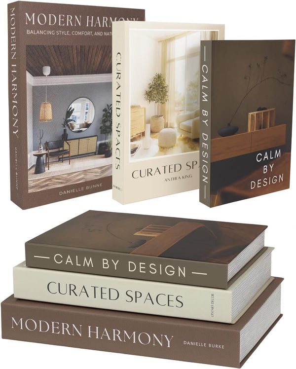 Modern Decorative Books Set of 3, Brown & Cream Faux Books with Storage | Large Fake Book Boxes to Store Remotes Mid-Century Book Decor for Coffee Table, Mantle, Shelf or Entryway as Fall Decoration1