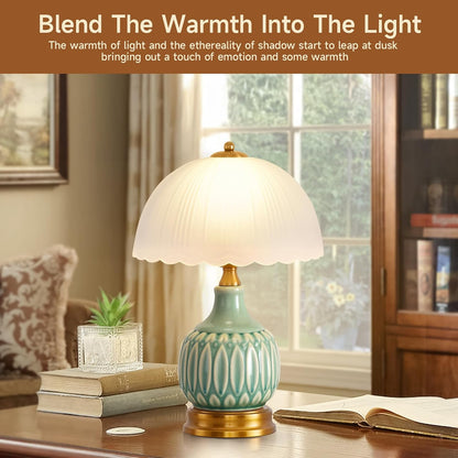 Table Lamps Ceramic Retro Lamp for Living Room,15." Modern Bedside Nightstand Traditional Lamps, Classic Chinoiserie Green Glass Lamp for Home (Retro)5