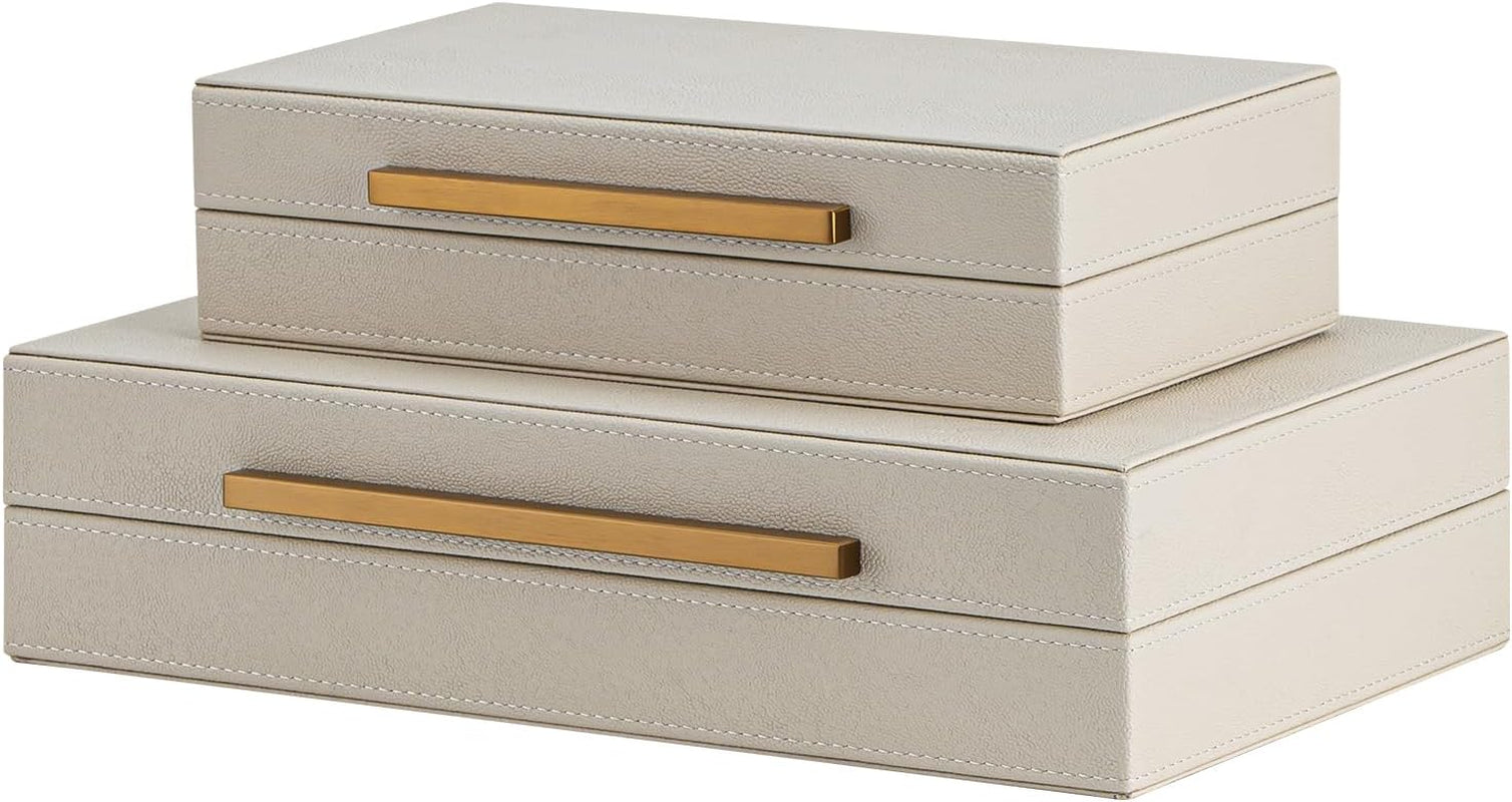 set-of-2-beige-shagreen-decorative-storage-boxes-with-gold-metal-handles-faux-leather-jewelry-memory-boxes-nesting-photo-organizers-for-home-decor