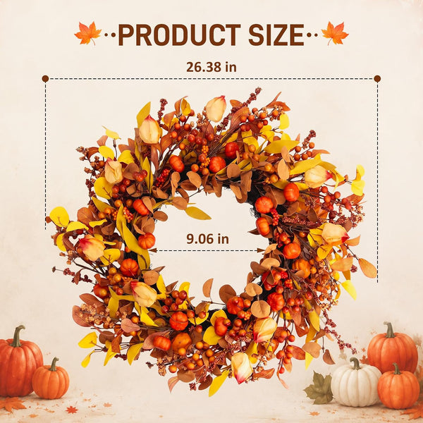 26" Fall Wreath for Front Door Pumpkin Artificial Wall Decor Autumn | Thanksgiving Fall Door Wreath Home Decor Porch Window Outdoor Indoor Door Fall Decorations Holiday Harvest Farmhouse2