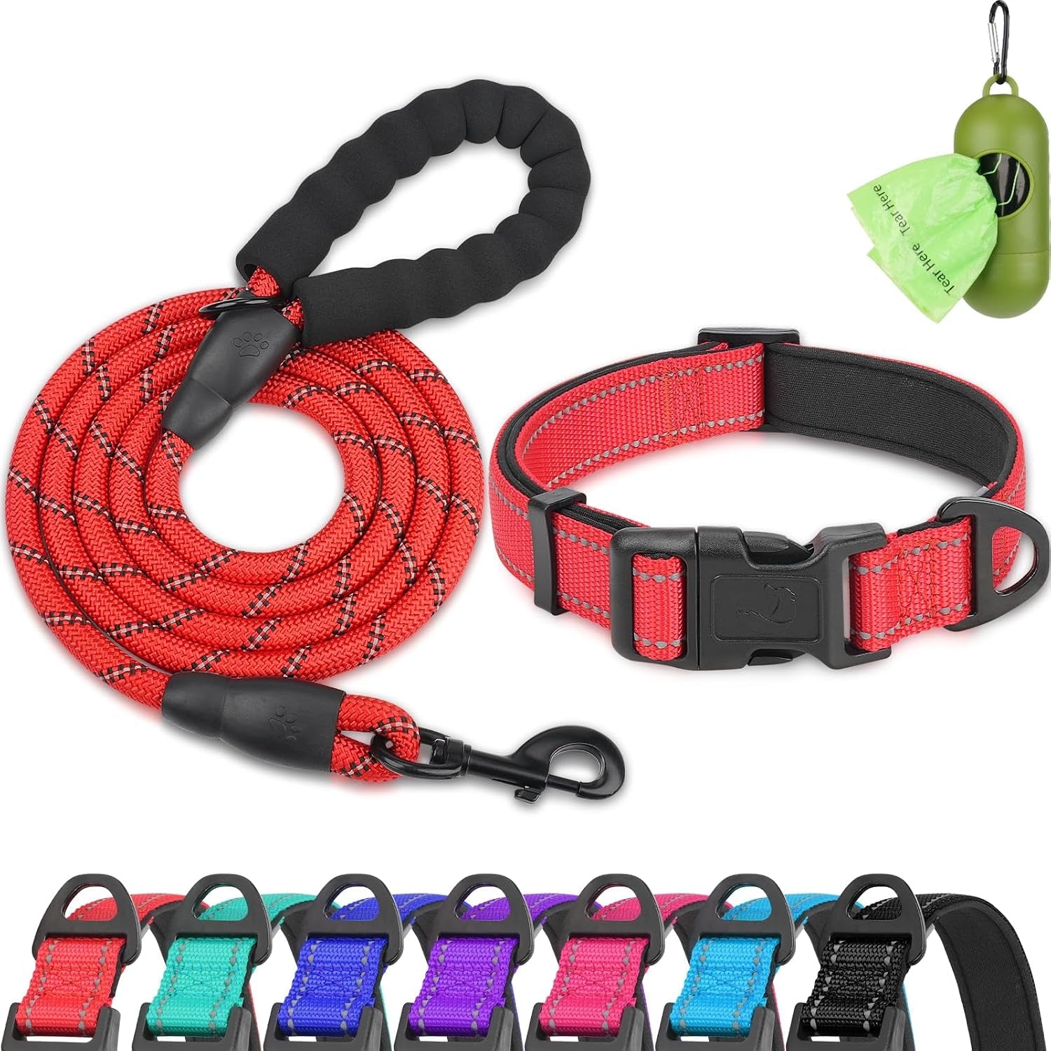 dynmeow-reflective-dog-collar-and-leash-set-for-large-dogs-teal-soft-neoprene-padded-6ft-climbing-rope-ideal-for-daily-outdoor-walking-or-indoor-wearing-night-visible-for-safety