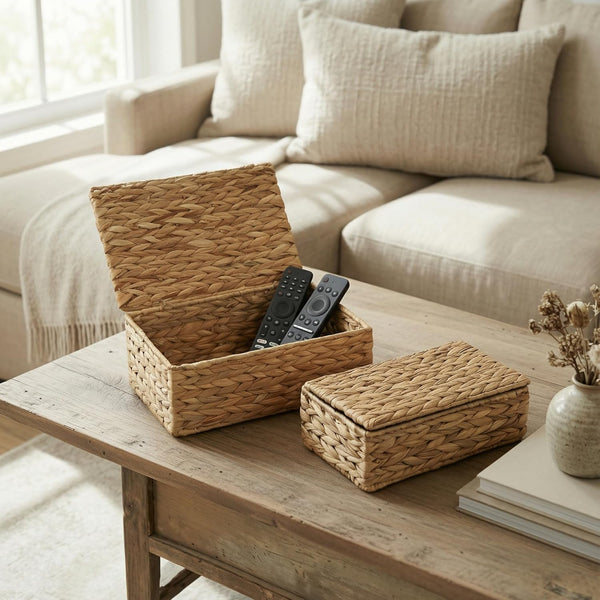 Decorative Storage Boxes with Lids - Set of 2 Wicker Organizer Bins | Beautiful Rattan Design for Shelves and Home Decor - Safely Store Photos, Documents and Memory Box Keepsakes in Style2