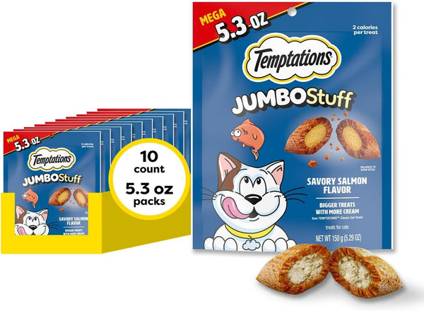 Temptations Jumbo Stuff Crunchy & Soft Cat Treats, Salmon, 14 Oz | Bigger than Classic Temptations, Crunchy Outside, Soft Inside, under 2 Calories per Treat, Stay-Fresh Resealable Tub12
