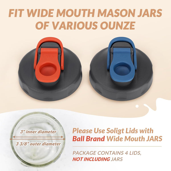 4 Pack Mason Jar Lids Pour Spout, Wide Mouth Flip Cap | Leak-Proof, 2 Gray-Red + 2 Gray-Blue, Airtight Lids for Ball Brand Wide Mouth Mason Jars (Jars Not Included)2