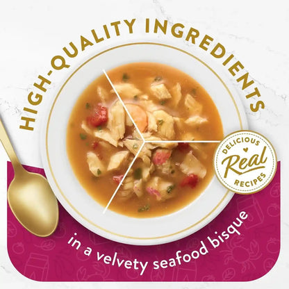 Purina Fancy Feast Broth Seafood Bisque Complement Variety Pack Gourmet Grain-Free Lickable Cat Food Topper, Pack of 12, 1.4 Oz. Pouches2