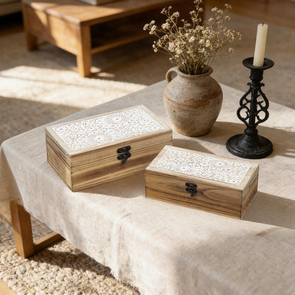 Rustic Farmhouse Wood Decorative Boxes, Set of 2 Keepsake Box Wooden Box with Hinged Lid and Floral Carved Design, Decorative Boxes for Home Decor (Brown)7
