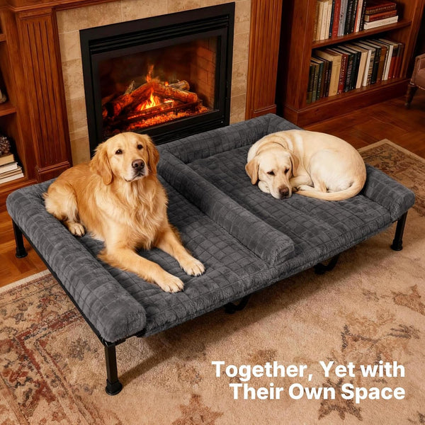 Veehoo Fluffy Plush Double Dog Couch Bed for Two Large Dogs, Washable Elevated Dog Beds with Removable Bolster Cushion, Cooling Raised Pet Cot with Breathable Mesh, No-Slip Feet, 59 X 37 Inches, Grey2