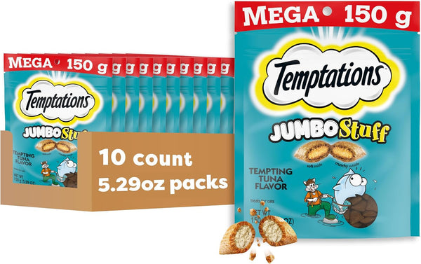 Temptations Jumbo Stuff Crunchy & Soft Cat Treats, Tuna, 14 Oz | Crunchy Outside, Soft Inside, under 2 Calories per Treat, Resealable Stay-Fresh Tub, 100% Complete & Balanced12