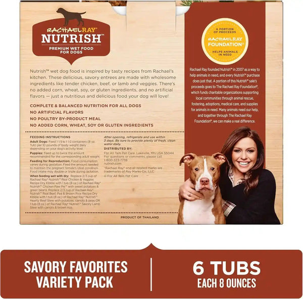 Nutrish Savory Favorites Wet Dog Food Variety Pack, 8 Oz Tubs (Rachael Ray) | Pack of 6, Includes 3 Delicious Flavors of Chicken Paw Pie, Hearty Beef Stew & Savory Lamb Stew, No Artificial Flavors2
