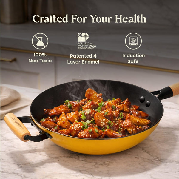 Enameled Cast Iron Wok Pan, 10 Inch (2.5 QT) – Pfas-Free Non Toxic Stir Fry Pan – 4 Layer Enamel Coated – Induction & Oven Safe Wok for Sautéing, Frying & Everyday Cooking (Color: Mustard)4