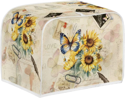 Toaster Dust Cover 2 Slice, Microwave Toaster Oven Grill Stain Resistant Dustproof Kitchen Small Appliance Cover with Top Handle for Kitchen, Butterfly Sunflower Retro1