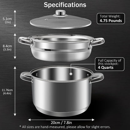 ® 4 Quart 18/10 Stainless Steel Tri-Ply Stockpot and Steamer with Tempered Glass Lid, Multipurpose Steamer Pot Compatible with All Cooktops, Non-Toxic Soup Pot, Oven & Dishwasher Safe (Silver)2