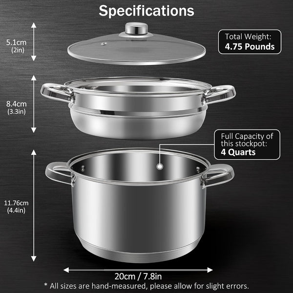 ® 4 Quart 18/10 Stainless Steel Tri-Ply Stockpot and Steamer with Tempered Glass Lid, Multipurpose Steamer Pot Compatible with All Cooktops, Non-Toxic Soup Pot, Oven & Dishwasher Safe (Silver)2