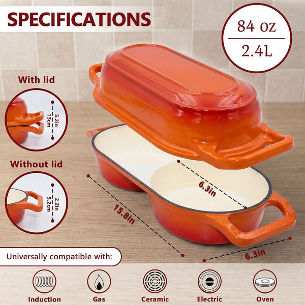 Cast Iron Bread Pan with Lid, Double Dutch Oven for Sourdough Bread Baking, 2 round Loaf Compartments + 2Pack 5-Inch Baking Bowls and 2 Anti-Scald Clips, Oven Safe to 500°F, Dutch Oven Red2