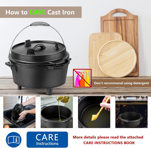 7 QT Cast Iron Dutch Oven, Large 2 in 1 Camp Pre-Seasoned Deep Pot & Lid Skillet Pan, Heavy Thick 7 Quart Multiple Cookware with Feet for Outdoor Camping Baking, Bracket and Lid Lifter7
